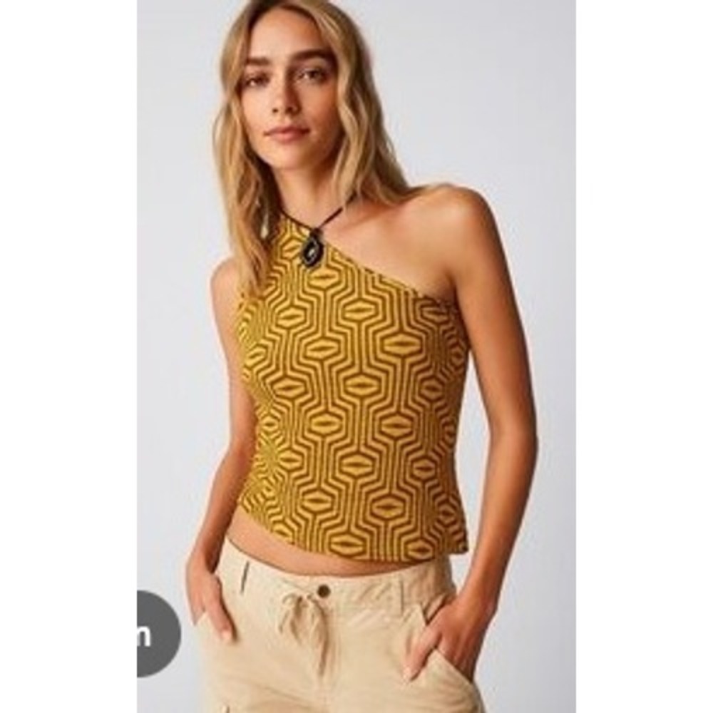 Free People Mustard Yellow Geometric One Shoulder Textured Tank Top